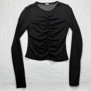 Garage Mesh‎ Top Ruched Long Sleeve See Through Black Blouse Large